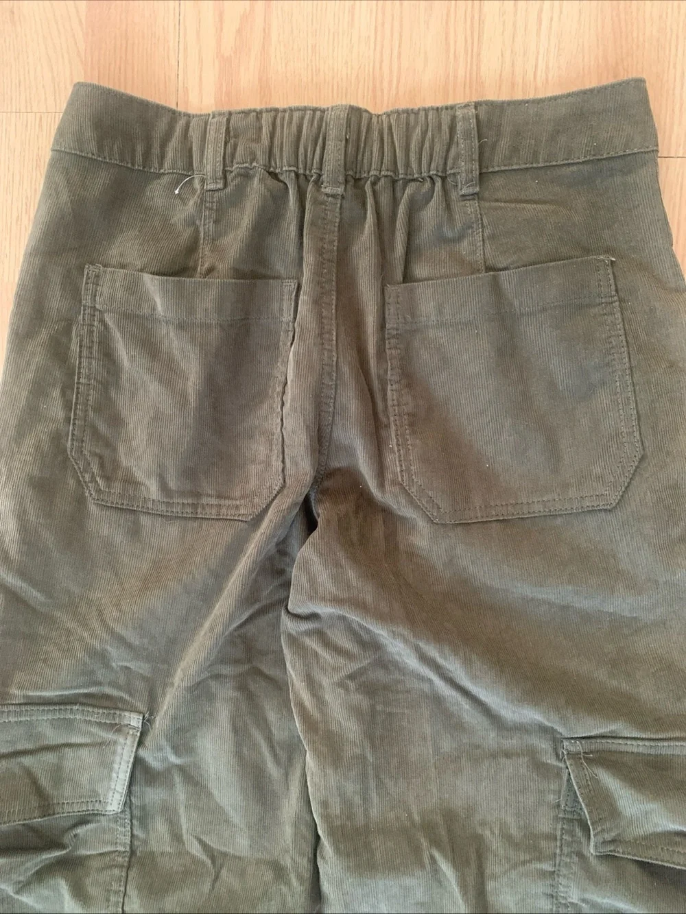 Forever 21 Olive Green Corduroy Straight Leg Cargo Pants Hippie Elastic Waist S